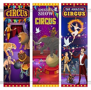 Retro big top circus show, animals and tamers - vector image