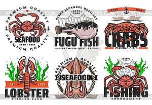 Fishing, fish and seafood fishery, fisher club - vector clipart