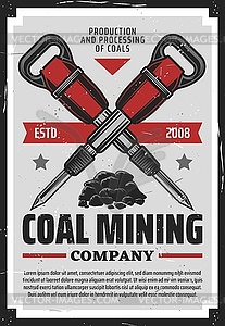 Coal mining production industry, miner jackhammer - vector clip art