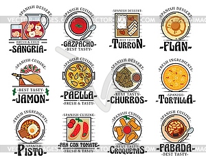 Traditional Spanish cuisine food dishes, bar menu - vector clip art