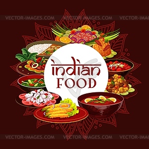 Indian cuisine restaurant, India food dishes - vector image