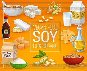 Веганская еда, 100% натуральные соевые продукты - клипарт в векторном формате