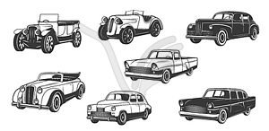 Retro cars, vintage motors and auto vehicle icons - vector image