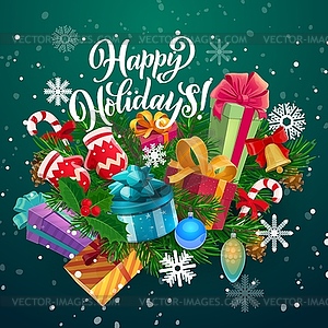 Christmas tree, Xmas bell and gifts, snow, balls - vector clipart