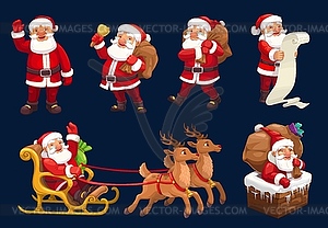 Santa with gift bag, bell, reindeer sleigh icons - vector clip art