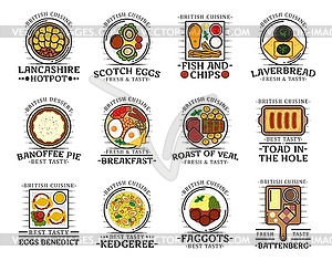 Traditional British cuisine food dishes, bar menu - vector clipart