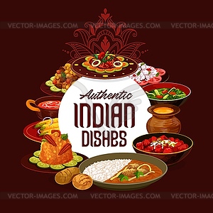 Authentic Indian cuisine dishes, restaurant menu - color vector clipart