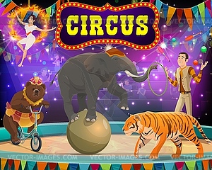 Big top circus show. Tamer, animals and gymnast - vector image