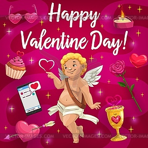 Valentine day, cupid angel and love hearts - vector clip art