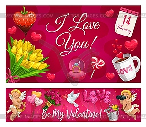 Valentine day lettering and love symbols, flowers - vector clipart