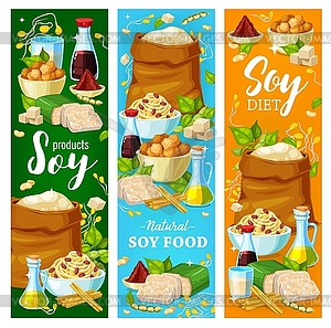 Soy food, vegan protein nutrition banners - vector clipart