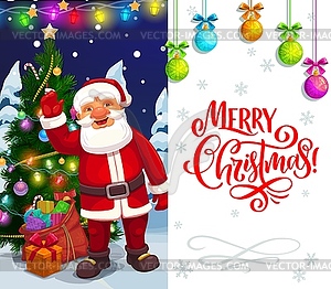 Christmas holiday, Santa with Xmas tree and gifts - vector clipart