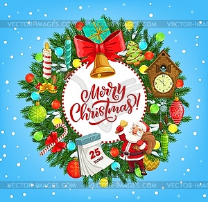 Рождественский венок с Дедом Морозом, рождественские подарки и колокольчик - векторный клипарт