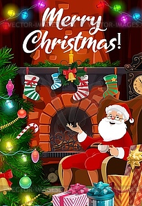 Christmas tree lights, Santa gifts at fireplace - vector image