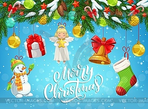 Christmas gift, snowman, bell hanging on Xmas tree - vector image