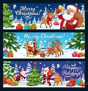 Christmas tree, gifts and Santa on reindeer sleigh - vector EPS clipart