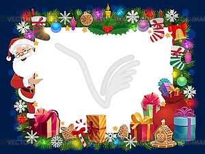 Christmas frame of Santa gifts, Xmas tree and bell - vector clip art