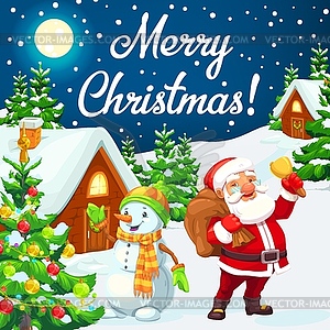 Santa and snowman with Christmas tree, gifts, bell - vector clip art