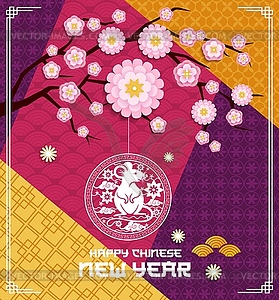 Chinese New Year rat and branch with pink flowers - vector image