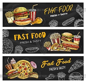 Fast food menu pizza, burgers and fastfood snacks - vector image