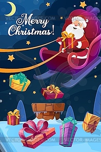 Christmas poster, Santa flying on sleigh with gift - vector clip art