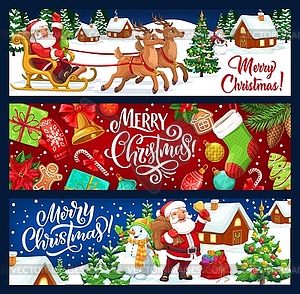 Santa, snowman with Christmas tree, gift, reindeer - vector image