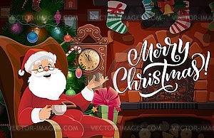Santa with Christmas tree, gifts and fireplace - vector image