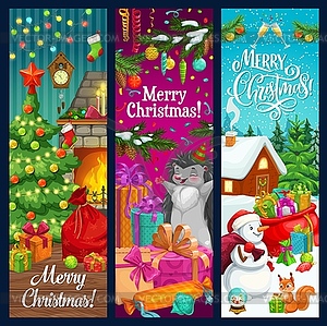 Christmas tree, snowman and Xmas gifts banners - vector image