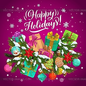 Christmas gifts, snow, balls with Xmas tree branch - vector image