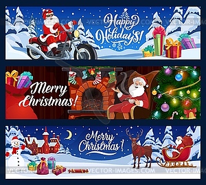 Christmas banners. Santa with gifts on motorcycle - vector image