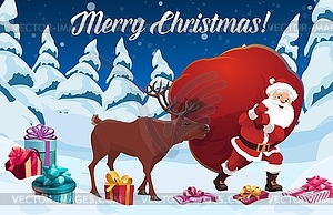 Santa Claus and reindeer with Christmas gift bag - vector image