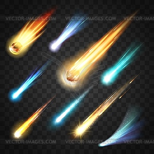 Comets, glowing asteroids and meteors in space - vector clip art