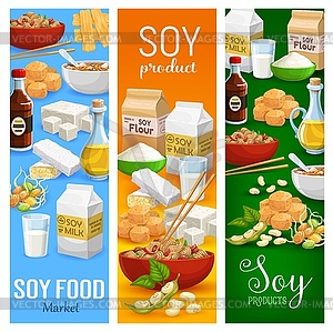Soybeans, soy food and drinks. Meat sauce, noodles - vector clipart