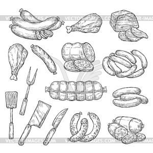 Pork and beef meat food, cutlery fork and knife - vector image