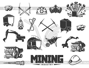Значки оборудования и техники для угольной промышленности - векторное изображение