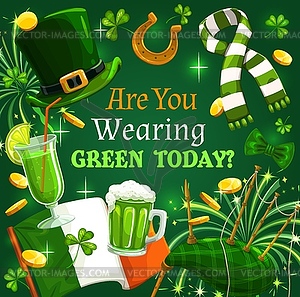 St Patrick Day shamrock, green beer, Ireland flag - vector clipart / vector image