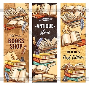 Antique book, vintage bookstore or bookshop, ink - vector image