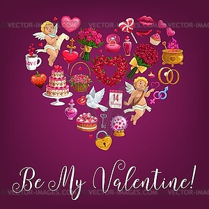 Be My Valentine love message quote in flower heart - vector clipart