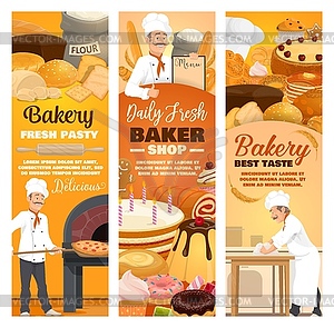 Bread and desserts, bakery shop food, baker in hat - color vector clipart