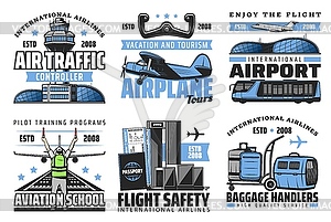 Airlines and airport, safety flights by plane - vector clipart