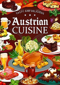 Austrian cuisine food, drinks, desserts and beer - vector clip art