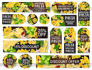 Pasta food, store discount tags and labels - vector clip art