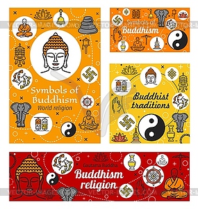 Buddhism religion, Buddhist religious symbols - vector image