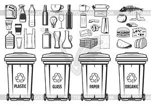 Garbage recycling bins, wastes trash containers - vector image