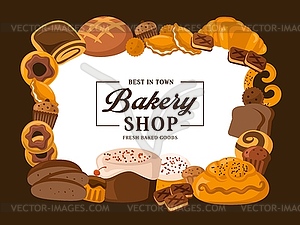 Bakery shop bread and baked pastry food, cakes - vector image