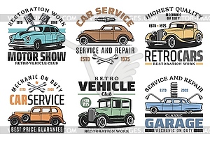 Retro vehicles auto service, vintage car repair - vector image