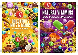 Organic nuts, grains and dried fruits healthy food - vector clip art