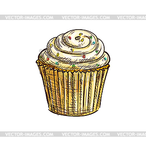 Caramel muffin cake with sugar sprinkles - vector image