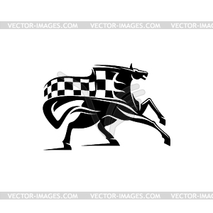 Equestrian sport mascot, mustang, checkered flag - royalty-free vector clipart