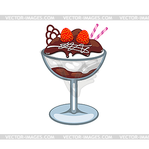 Ice cream dessert with chocolate, berries, wafers - vector clipart
